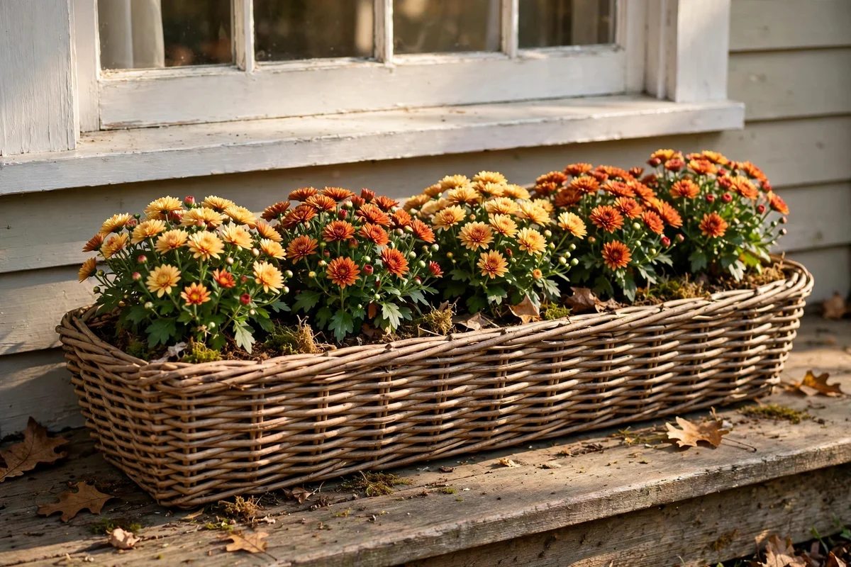 Low woven trough of alternating rust, gold and cream mums under a porch window