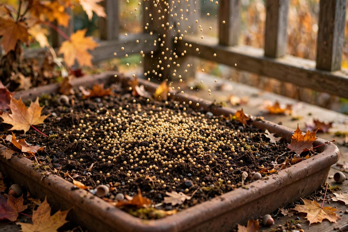 Slow-release granular feed being mixed into the top of planter soil at planting time