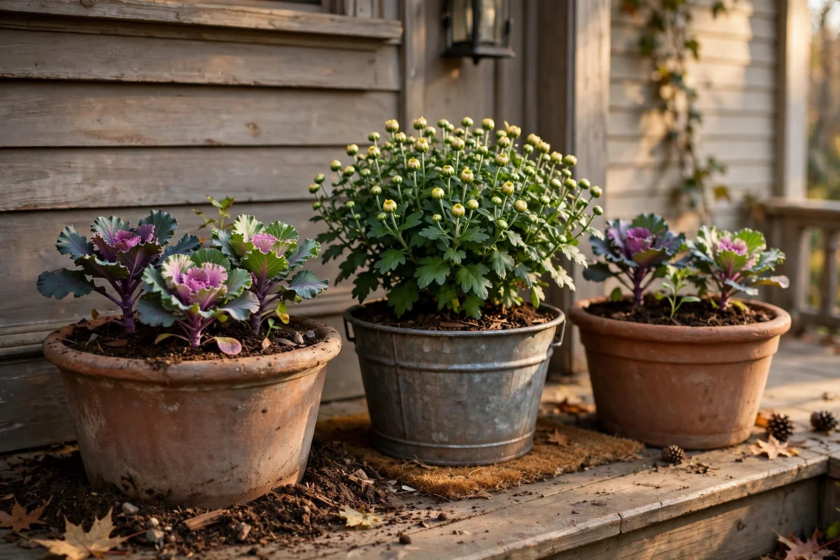 Newly planted autumn porch planters in mid September with fresh mums and kale