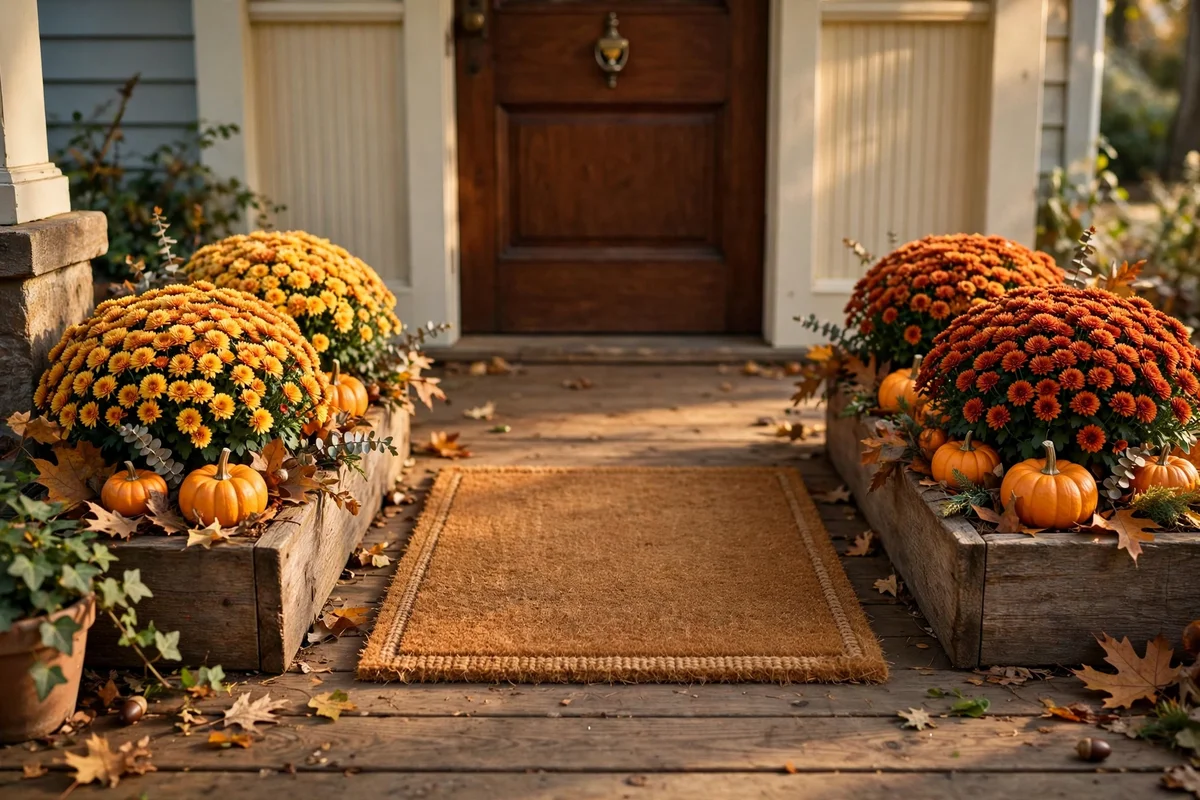 Low pots of mums and mini pumpkins framing a doormat at a front door