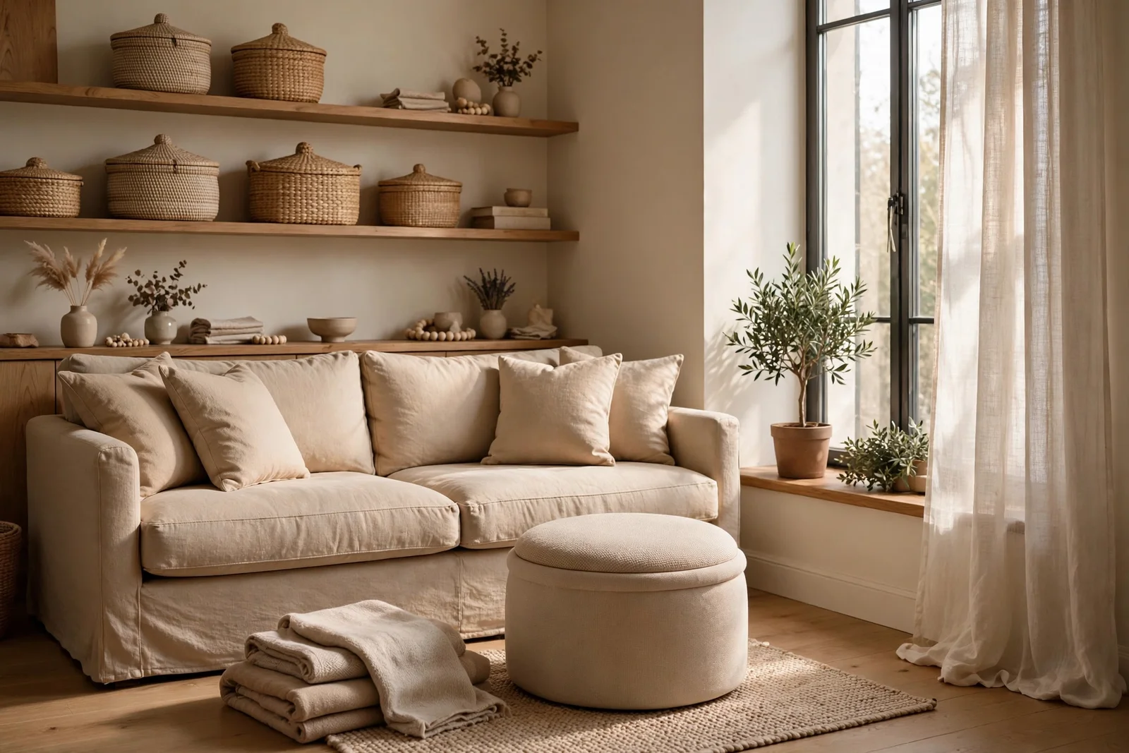 Small living room with storage ottoman, lidded baskets and calm neutral decor