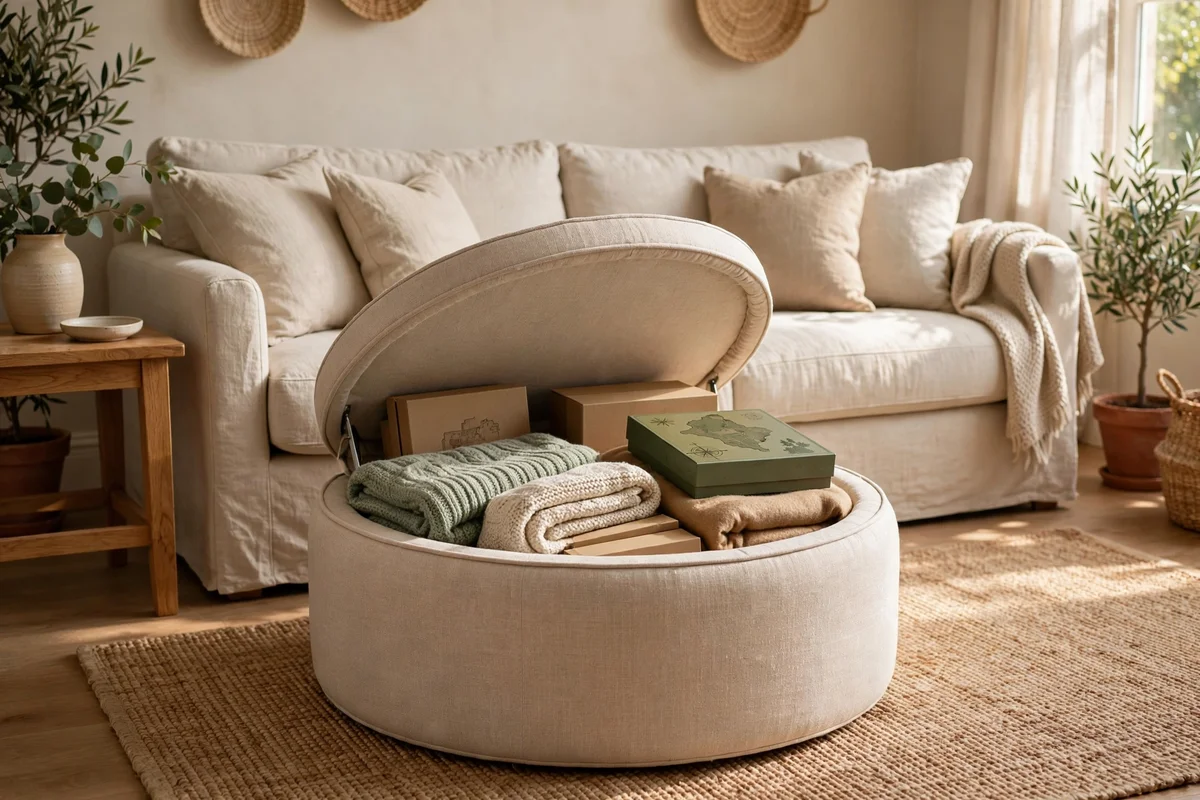 Rounded storage ottoman with open lid at the foot of a sofa holding throws and games
