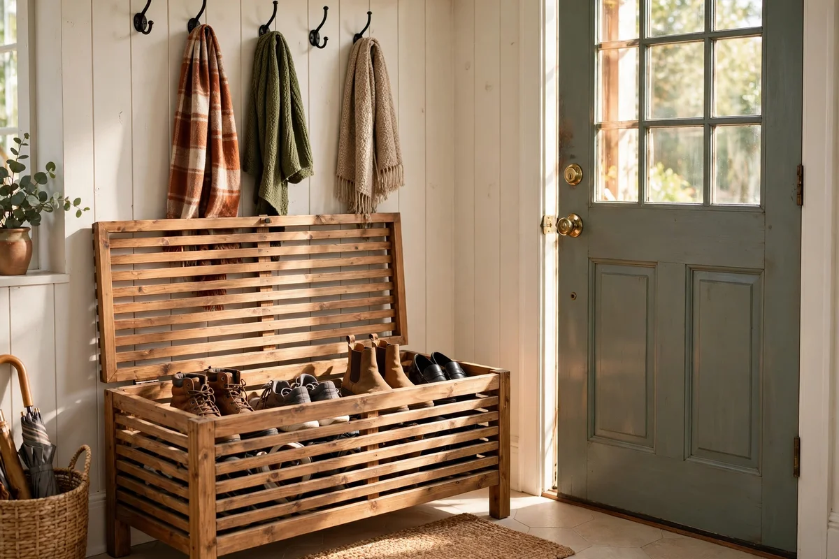 Slatted wooden storage bench by a front door with shoes inside and scarves on hooks above