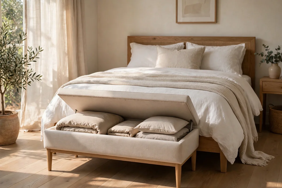 Slim storage bench at the foot of a bed holding spare duvet and pillows