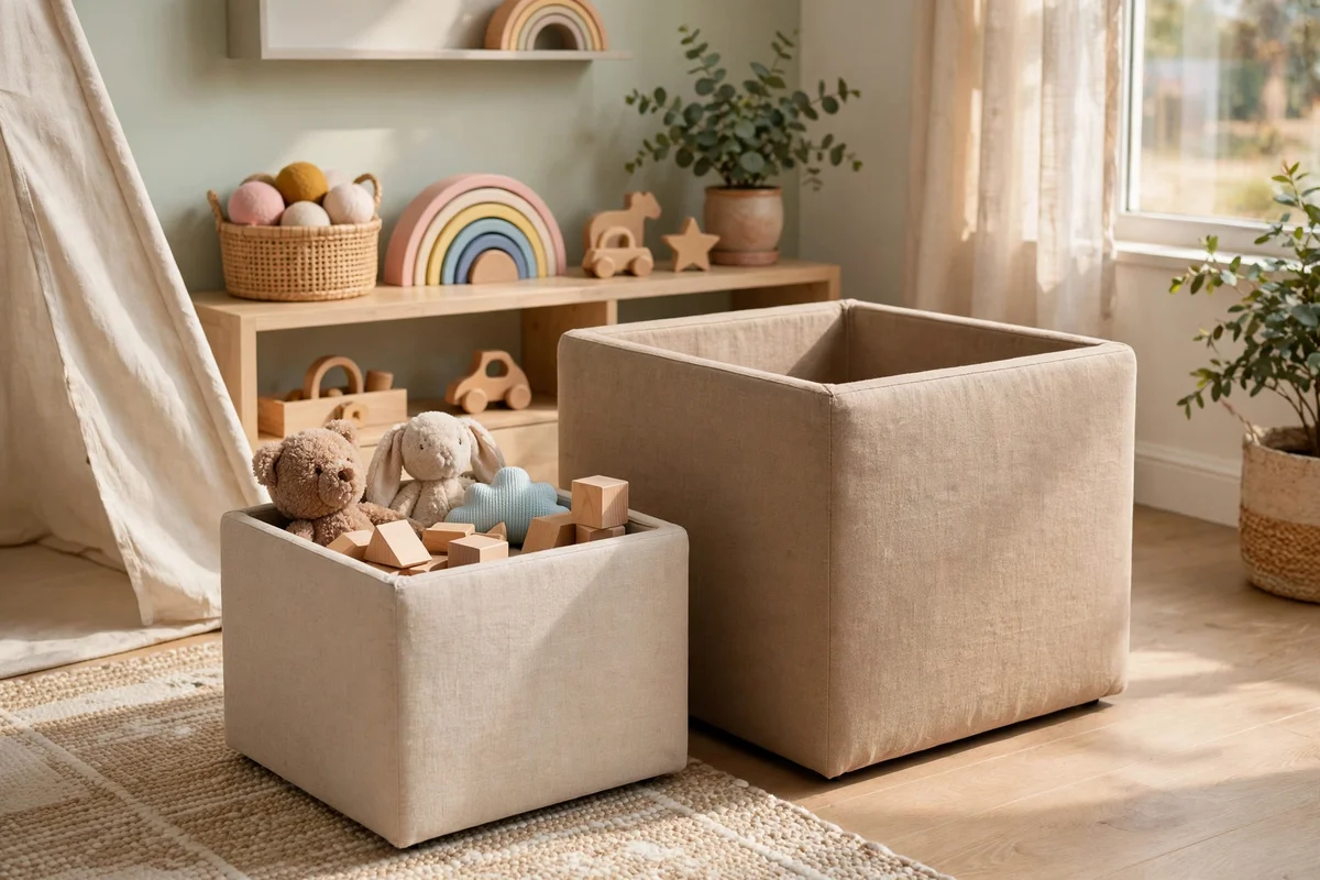 Nesting cube ottomans with the smaller one holding toys in a play corner