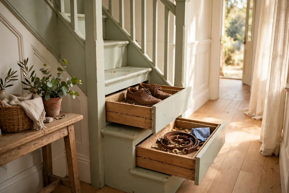 Staircase with pull-out tread drawers open showing shoes stored inside