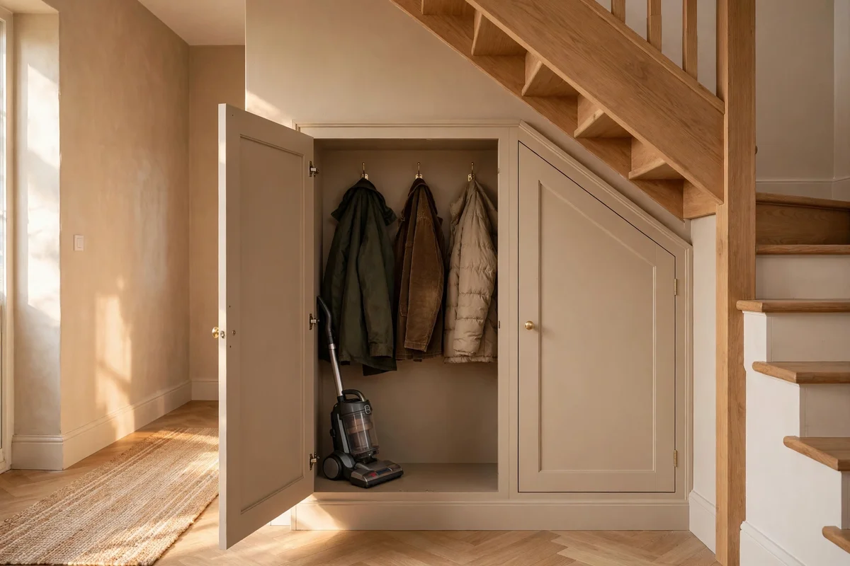 Under-stair cupboard with open door revealing coats and vacuum storage