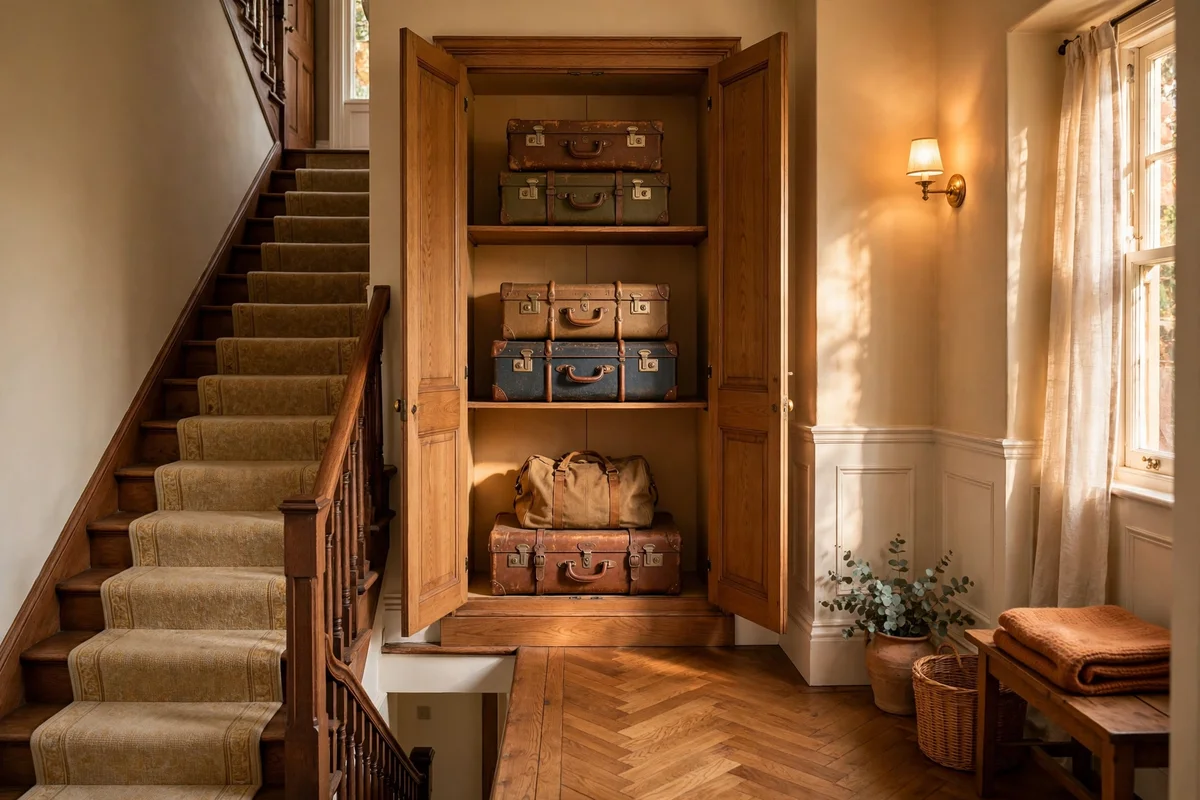 Tall under-stair cupboard with open doors showing suitcases on shelves