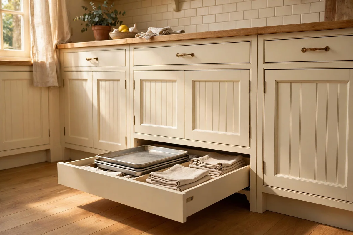 Kitchen toe-kick drawer open under cabinets holding baking trays and linens