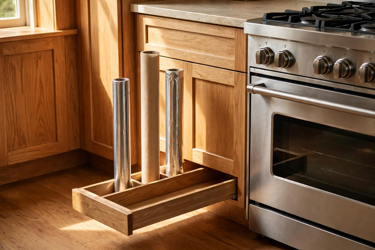 Narrow kitchen plinth drawer beside cooker holding foil and baking paper rolls