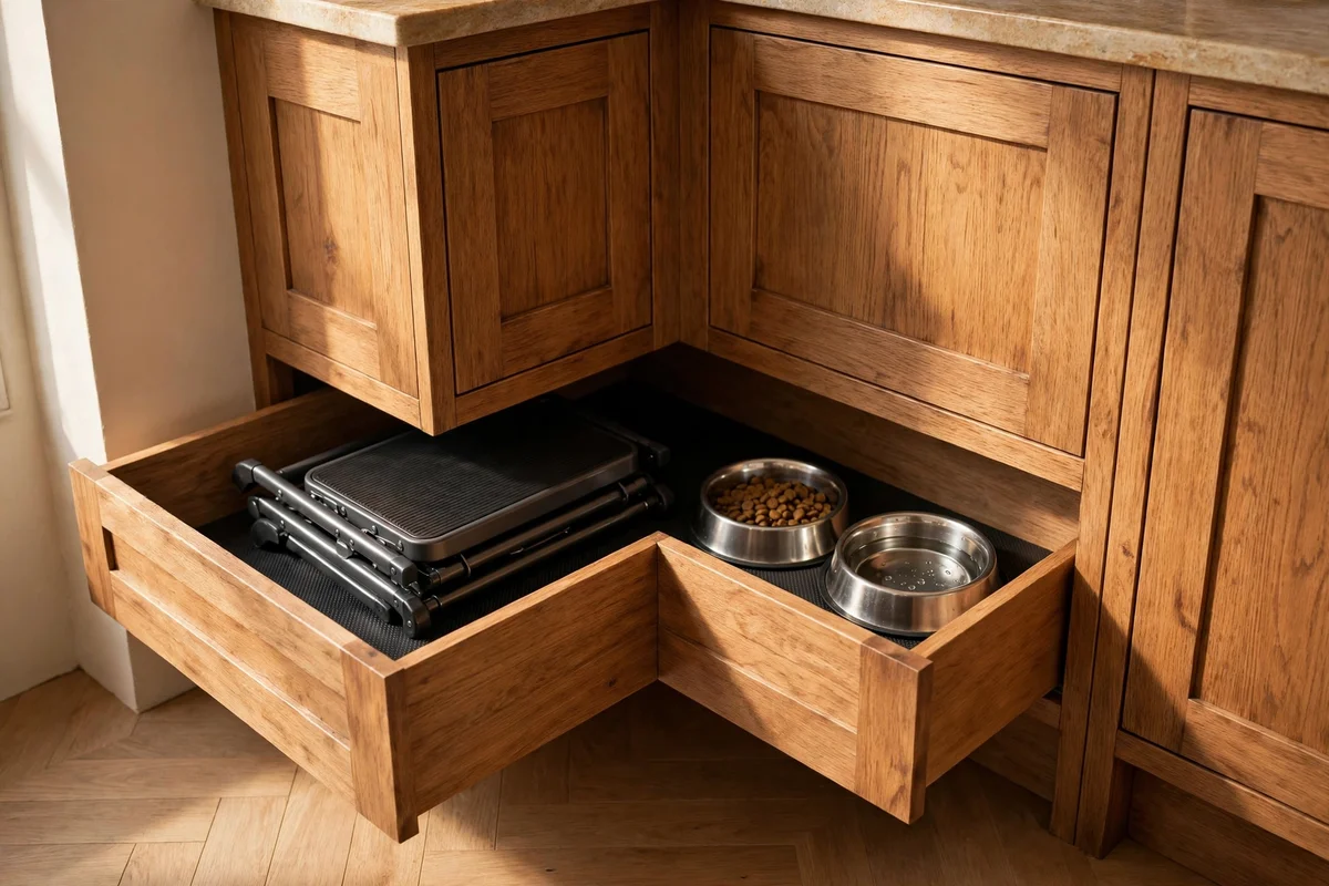 Corner kitchen plinth drawer open with step stool and pet bowls stored inside