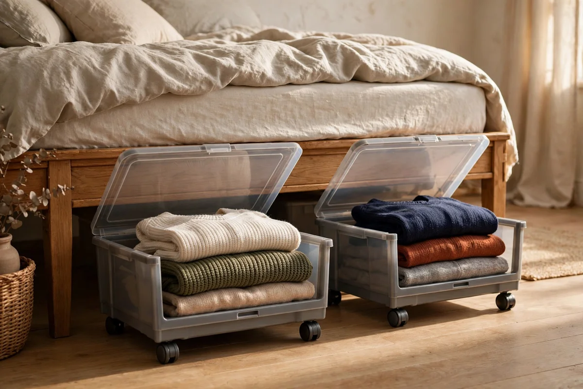 Under-bed storage boxes on castors pulled out showing folded clothes