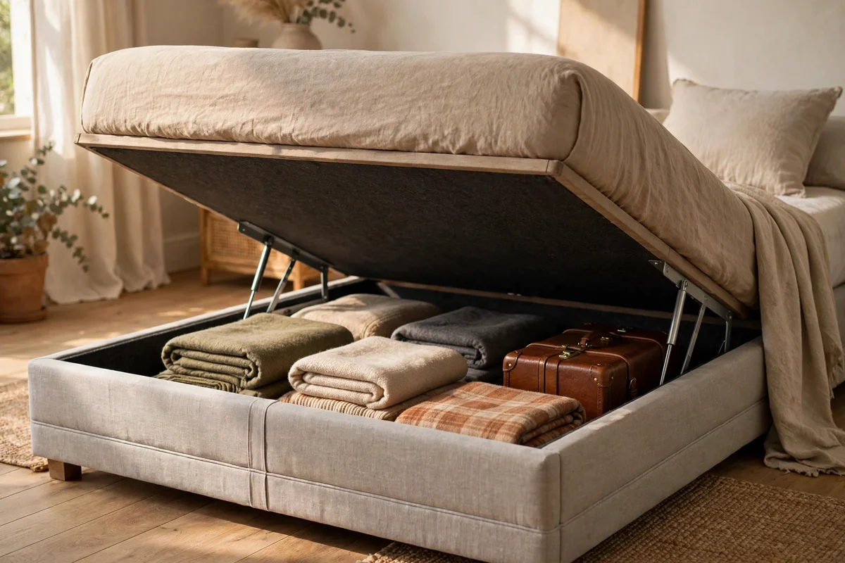 Ottoman bed with lifted mattress showing deep storage well with blankets
