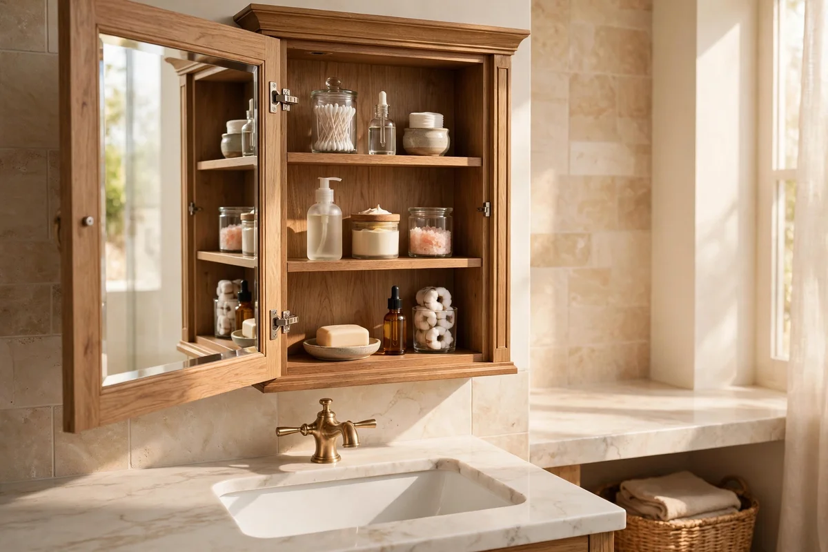 Mirror-fronted bathroom cabinet open above basin showing toiletries