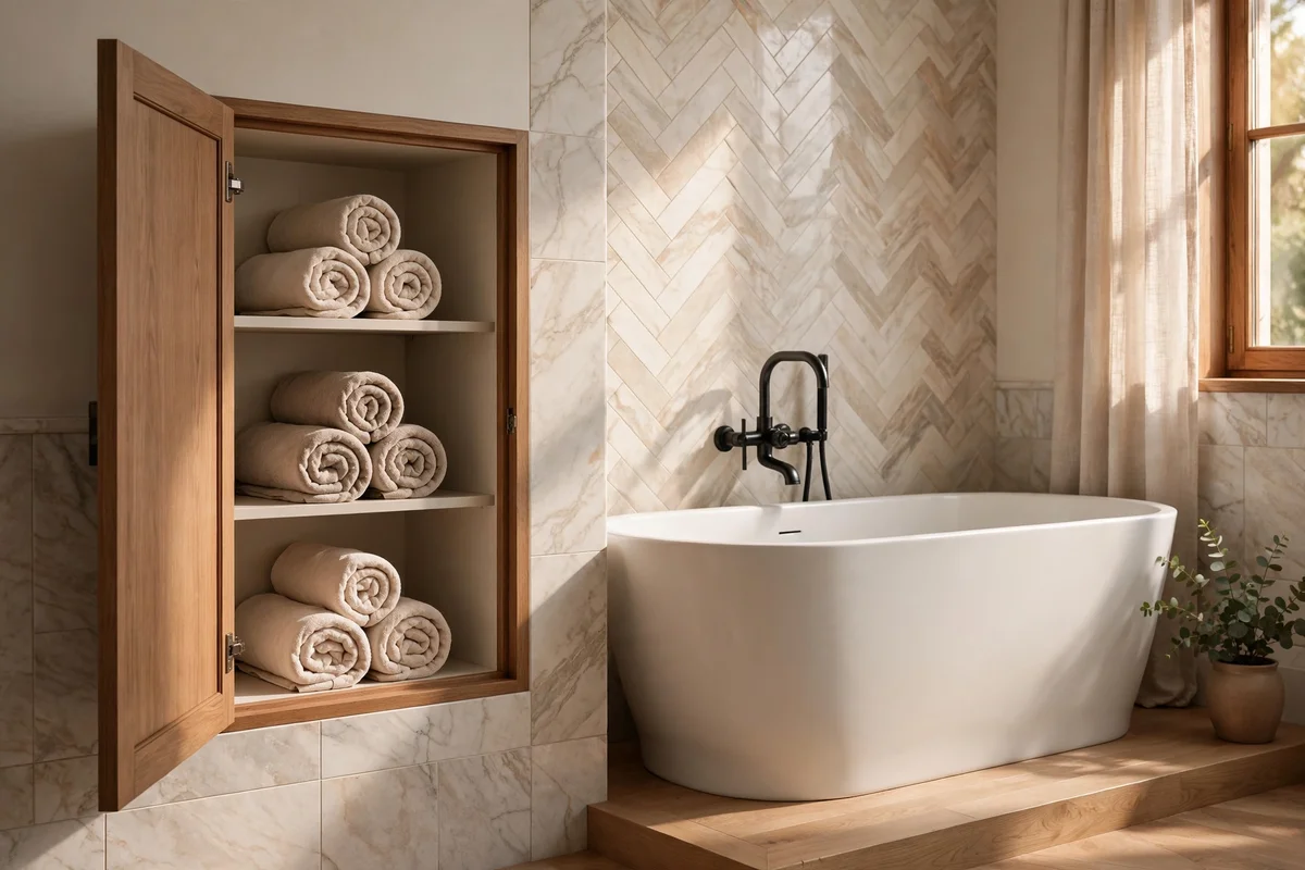 Recessed bathroom wall cabinet beside bath holding rolled towels