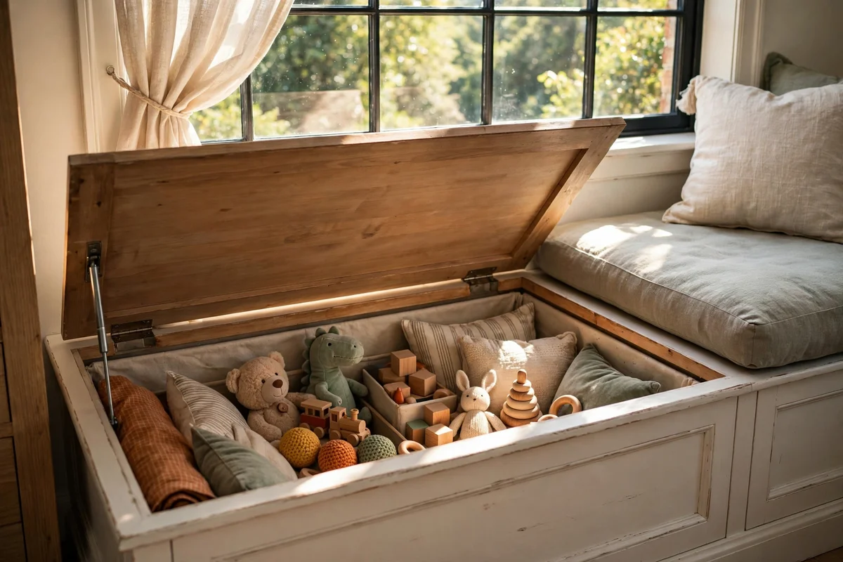 Window seat with open lid showing deep toy and cushion storage