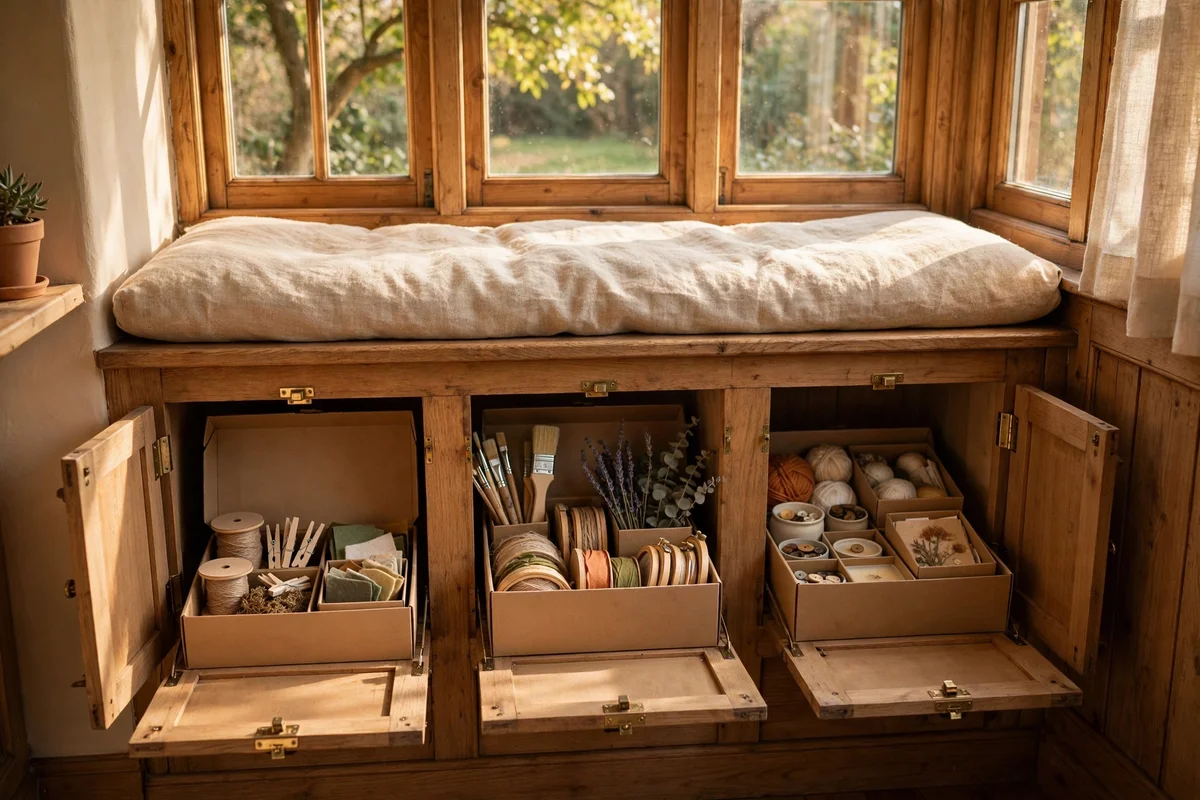 Window seat front cubby doors open revealing labelled craft supply boxes