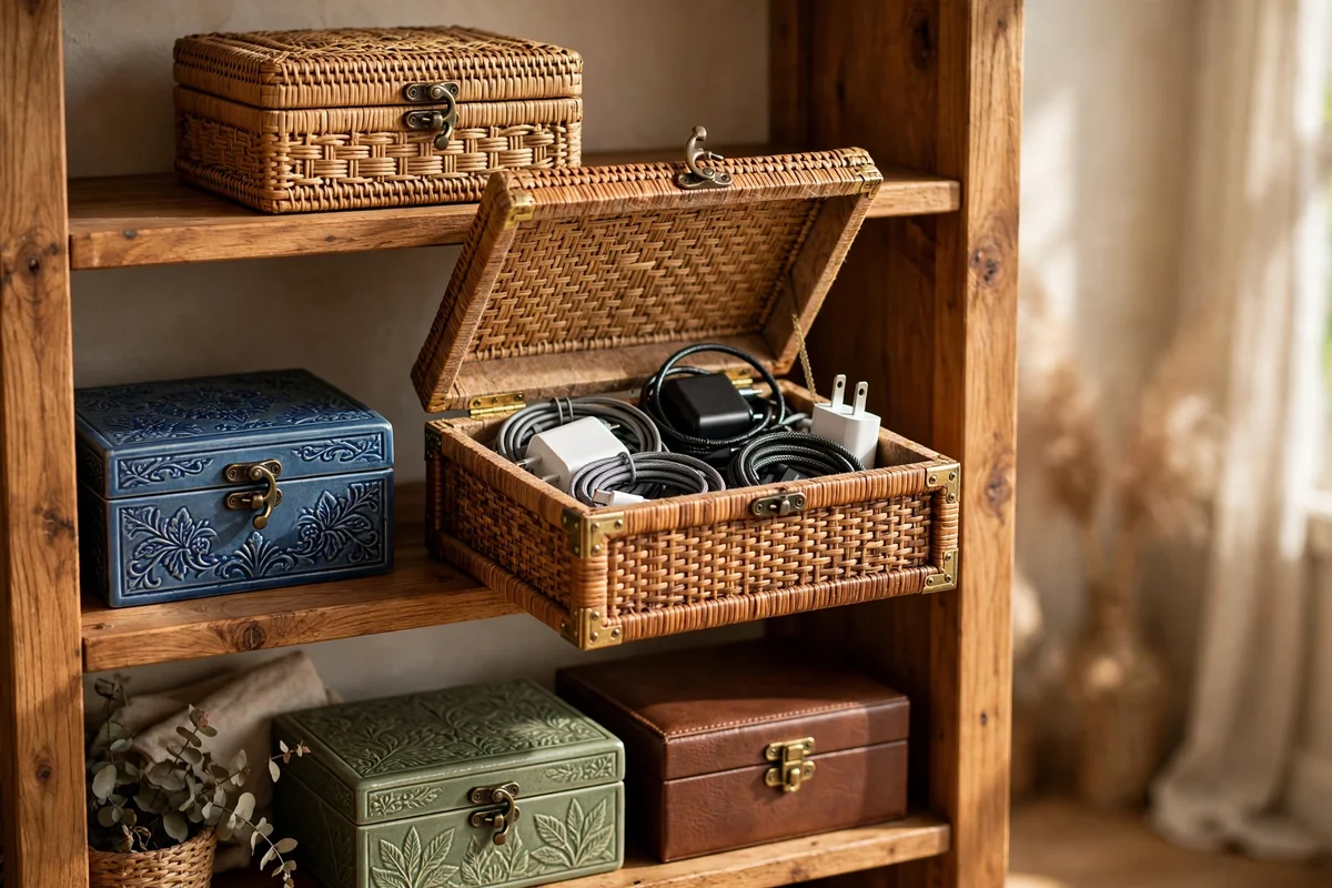 Decorative storage boxes on bookshelf with one open showing cables inside