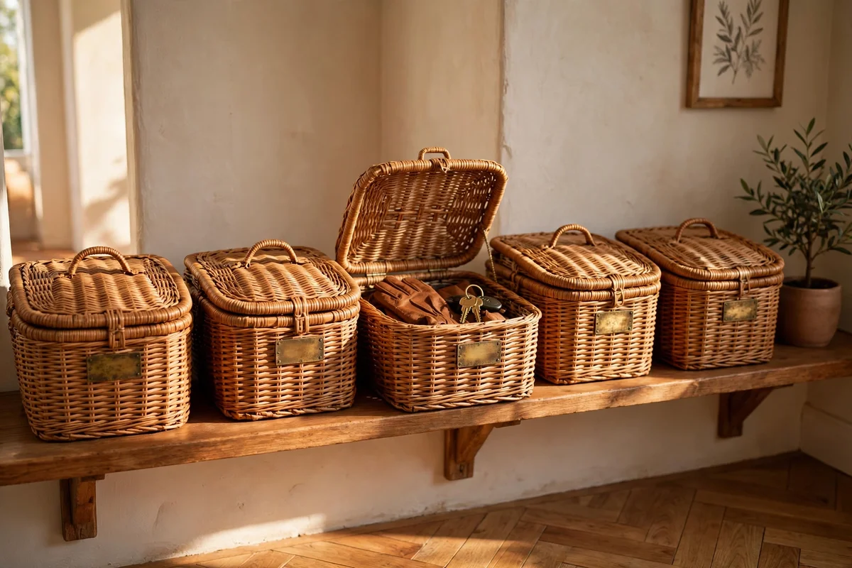 Woven lidded baskets on a hallway shelf with one open showing gloves and keys