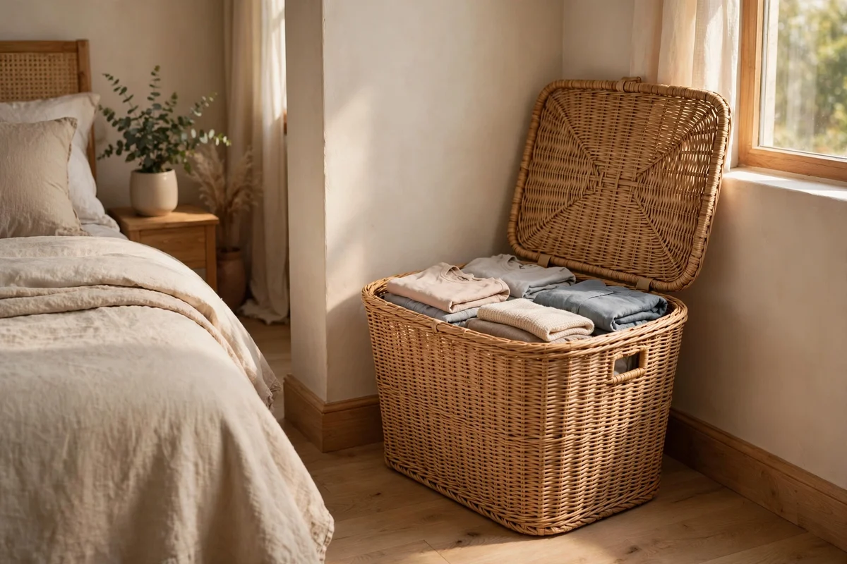 Woven lidded hamper in bedroom corner with lid ajar showing laundry