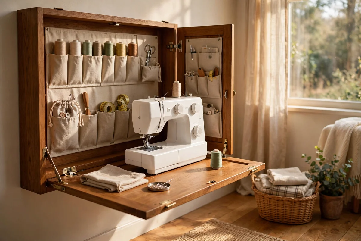 Fold-down sewing cabinet open with machine and notions organised inside