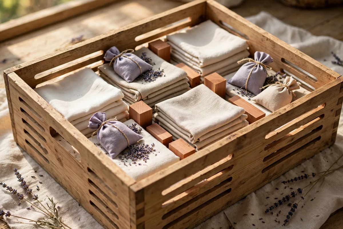 Ventilated linen storage box open showing folded sheets with cedar blocks