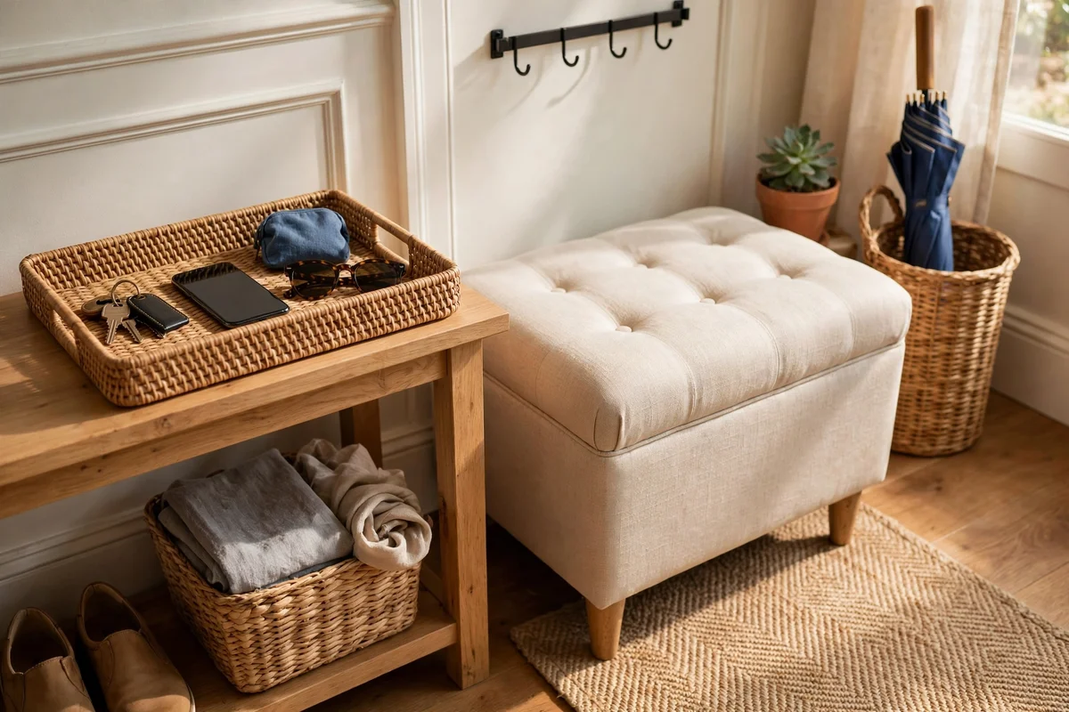 Tidy entryway with open tray for daily keys beside closed hidden storage