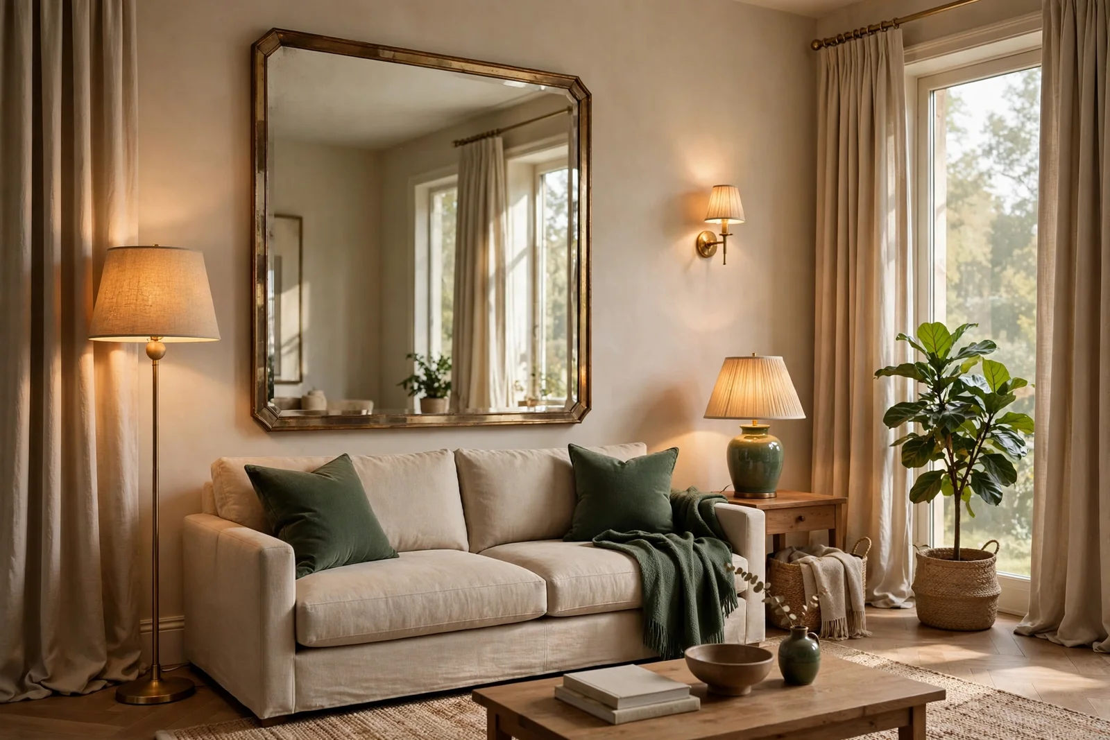 Elegant living room with oversized mirror, layered warm lighting and floor-length curtains