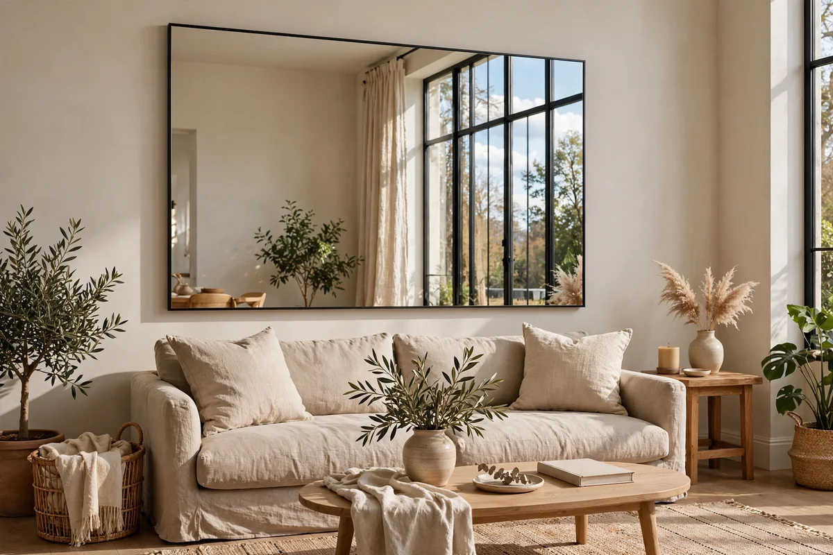 Oversized black-framed mirror above a linen sofa reflecting window light