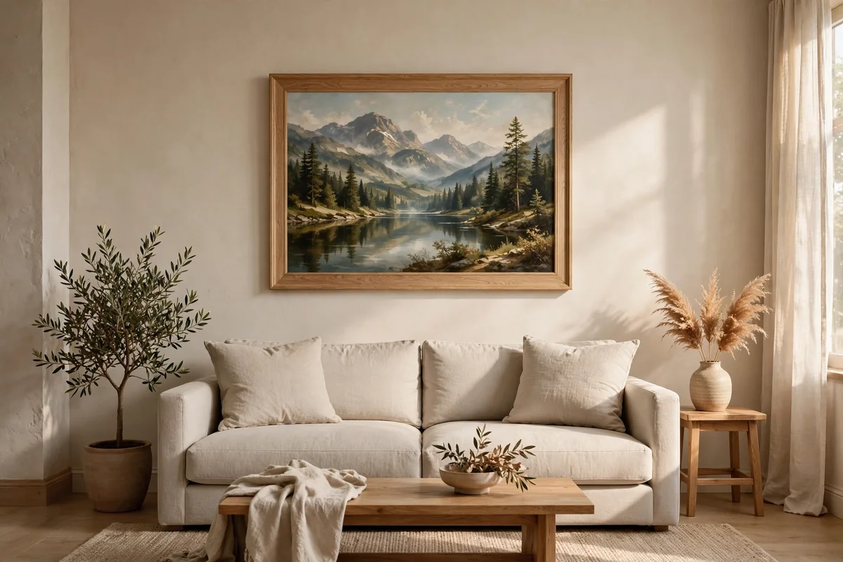 Single large landscape artwork centred above a sofa at eye level