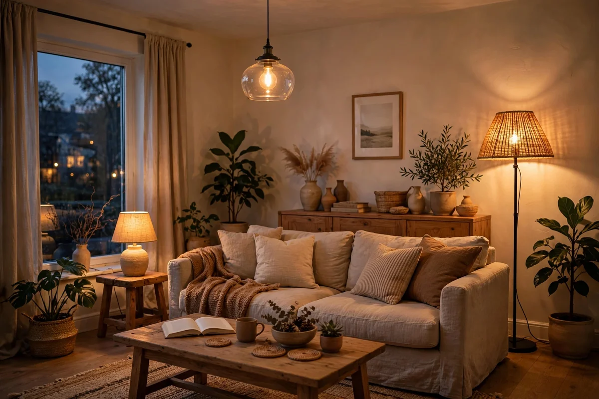 Living room with warm lighting at three heights: pendant, floor and table lamp