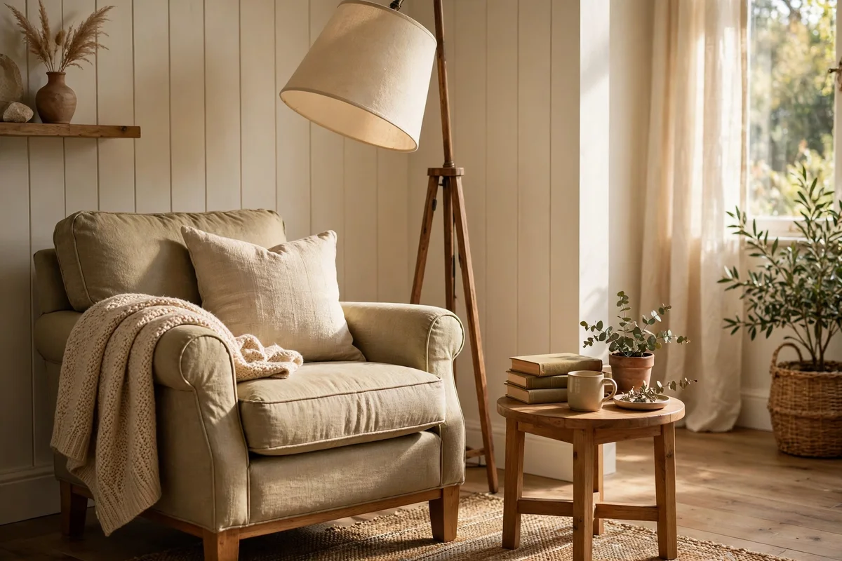 Reading nook with tall floor lamp and small wooden side table