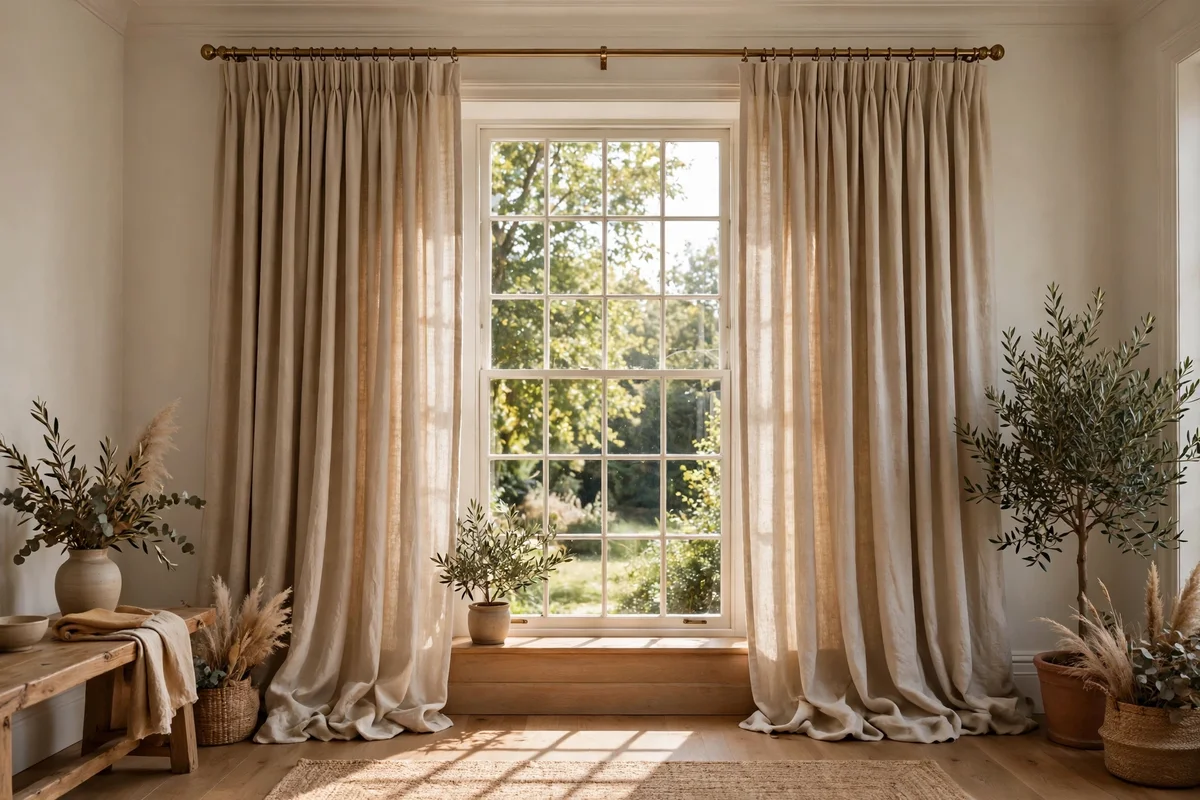 Floor-length linen curtains hung high and wide on a brass rod