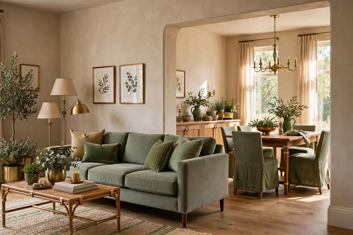 Connected rooms sharing one disciplined three-colour palette