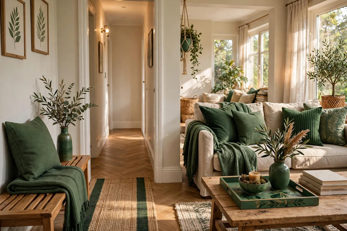 Forest green accent colour repeated across hallway and living room