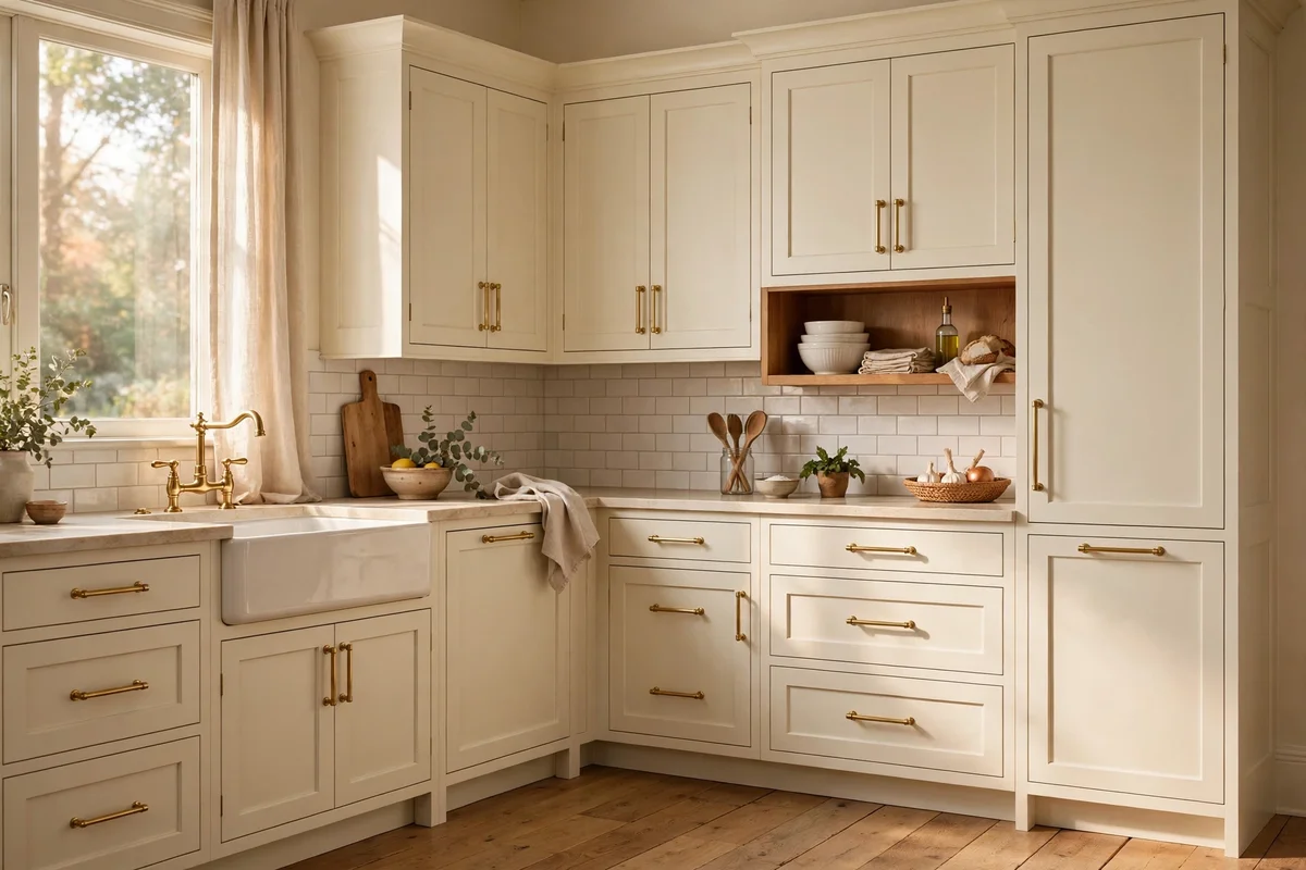 Cream kitchen cabinets fitted with solid brass bar handles