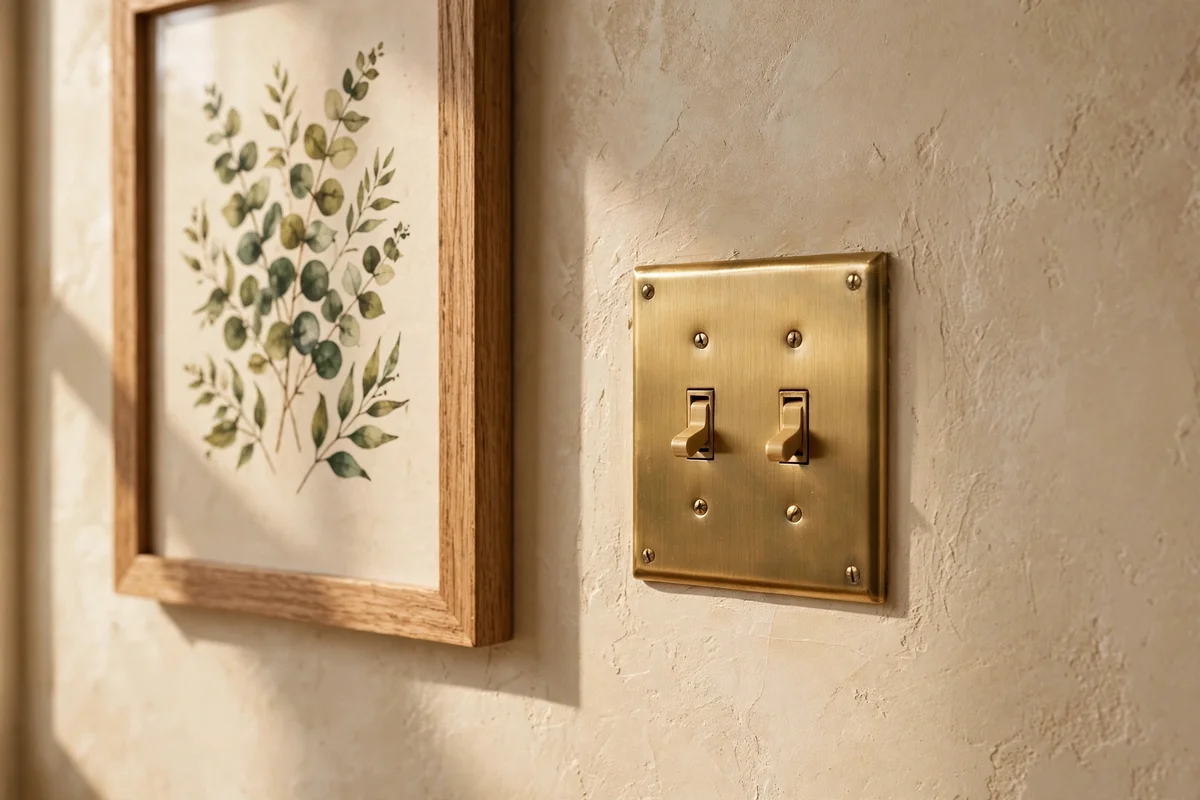 Brushed brass light switch plate on a living room wall