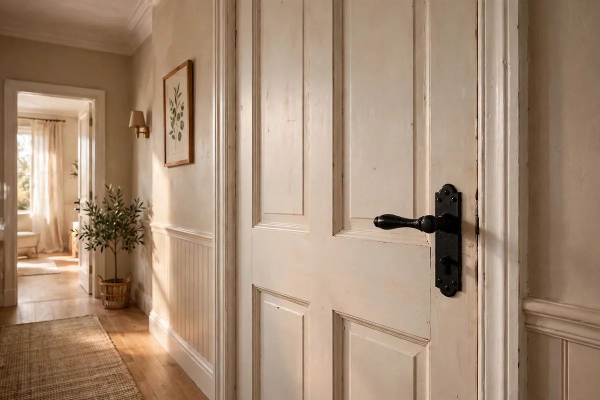 Interior door with a solid black iron lever handle