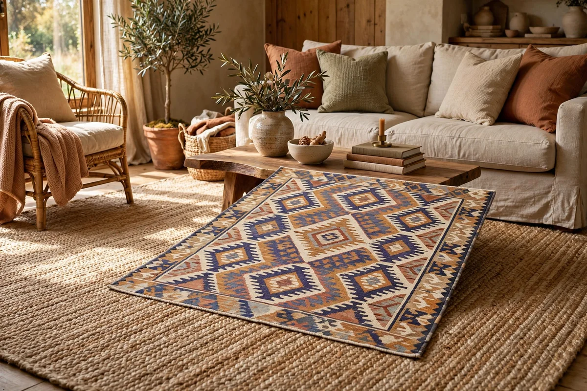 Layered jute and patterned flatweave rugs under a seating area