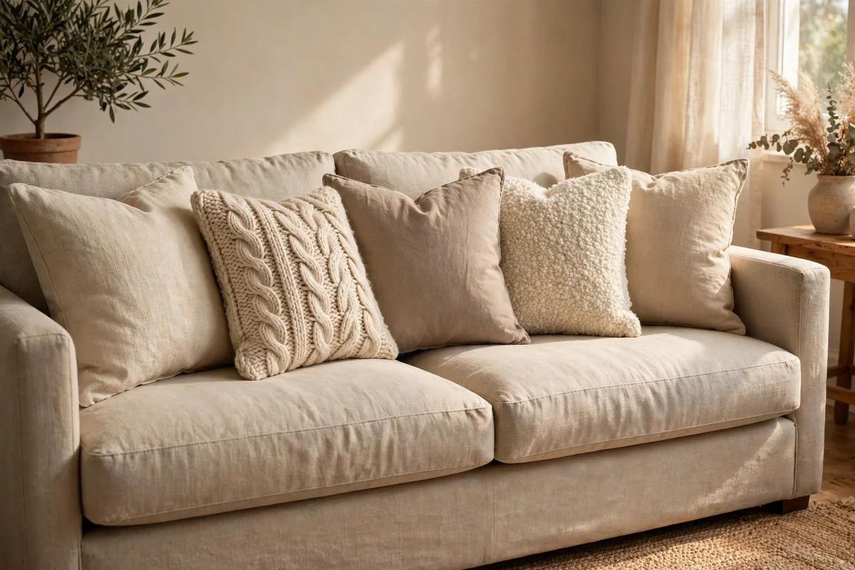 Sofa with mixed linen, wool and cotton cushions in one palette