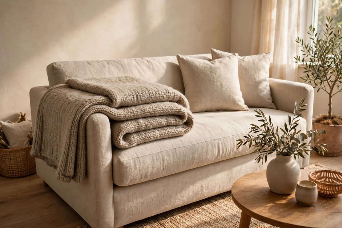 Wool throw folded neatly across a sofa arm