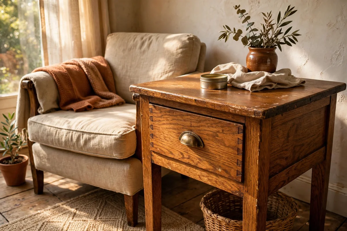 Thrifted solid oak side table with dovetail drawer beside an armchair