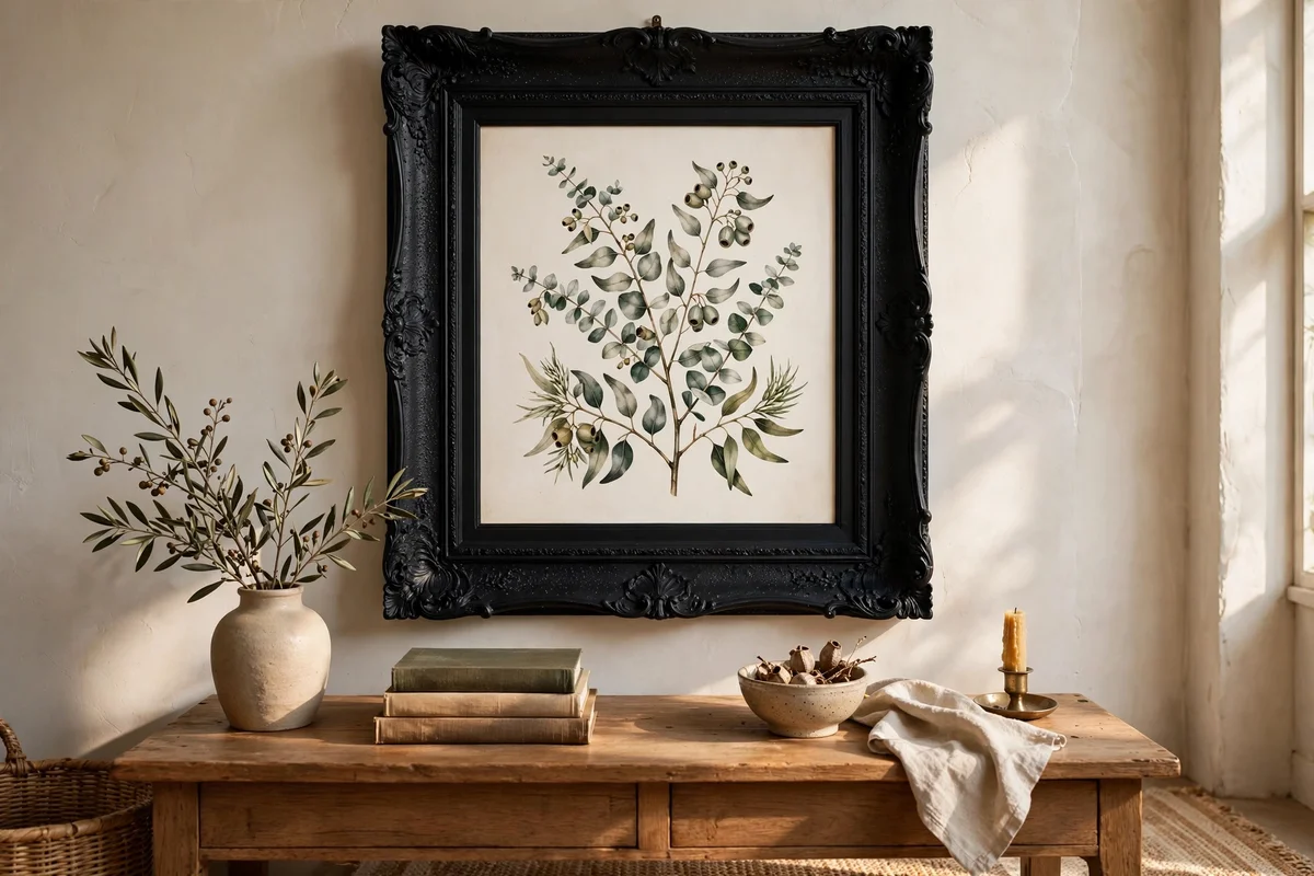 Vintage frame refinished in matte black above a console table