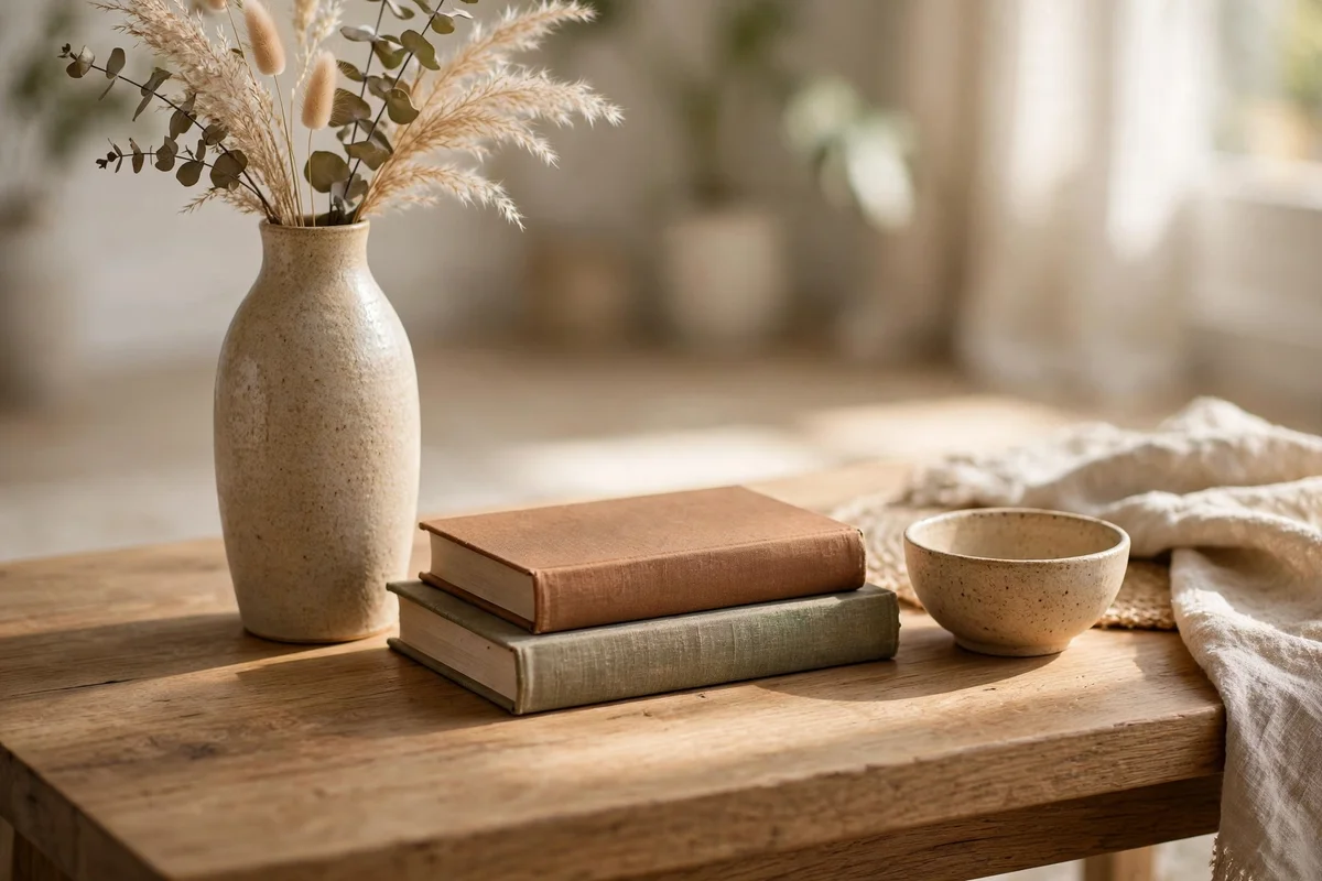 Coffee table styled with a trio of vase, books and bowl