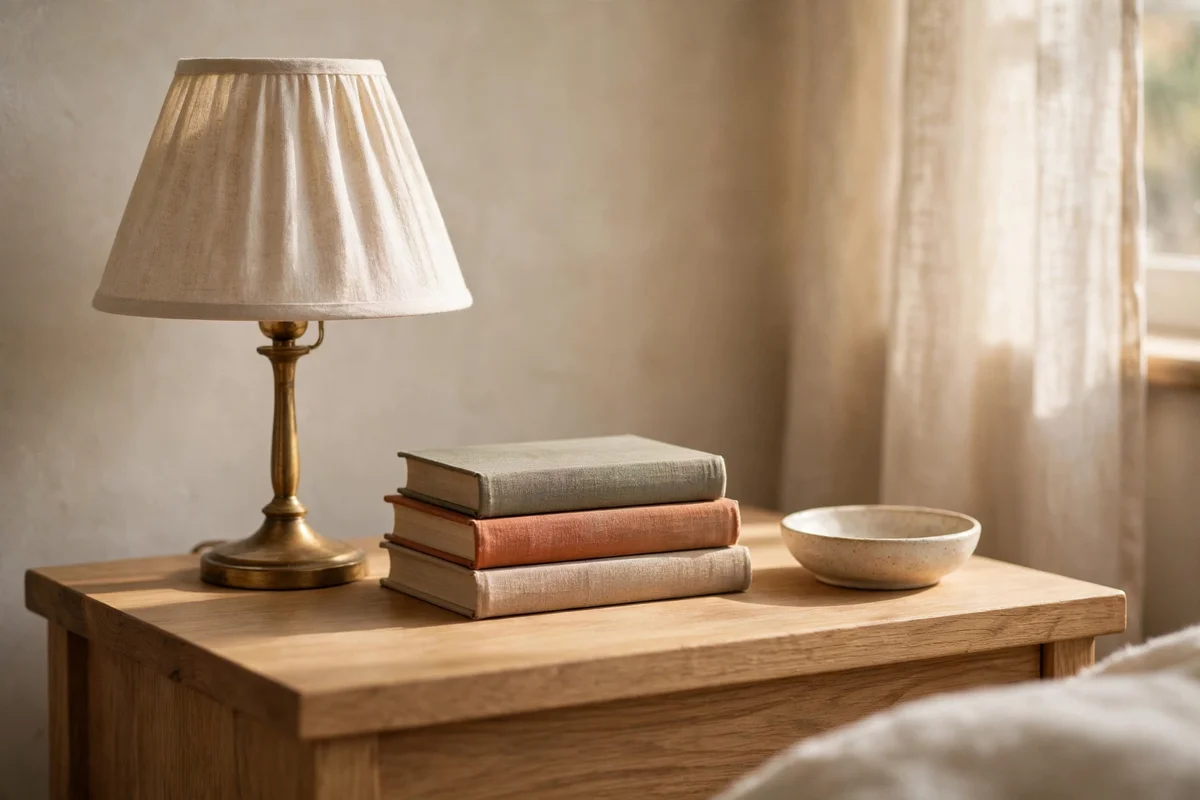 Uncluttered bedside table with only three objects