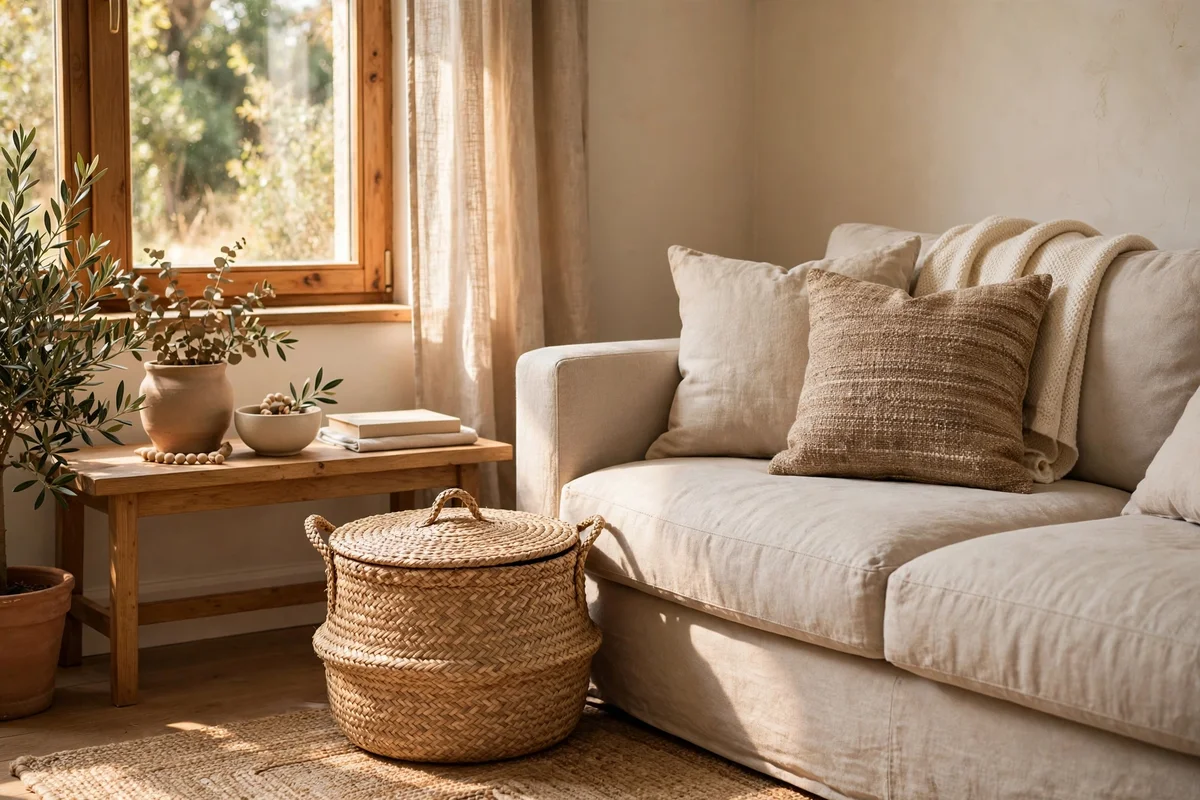 Lidded seagrass basket beside a sofa hiding everyday clutter
