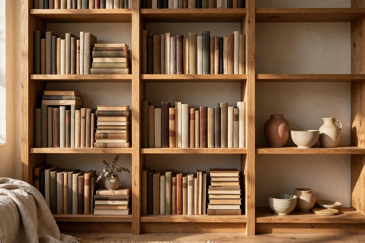 Bookcase styled with books, stacked plinths and ceramics with space