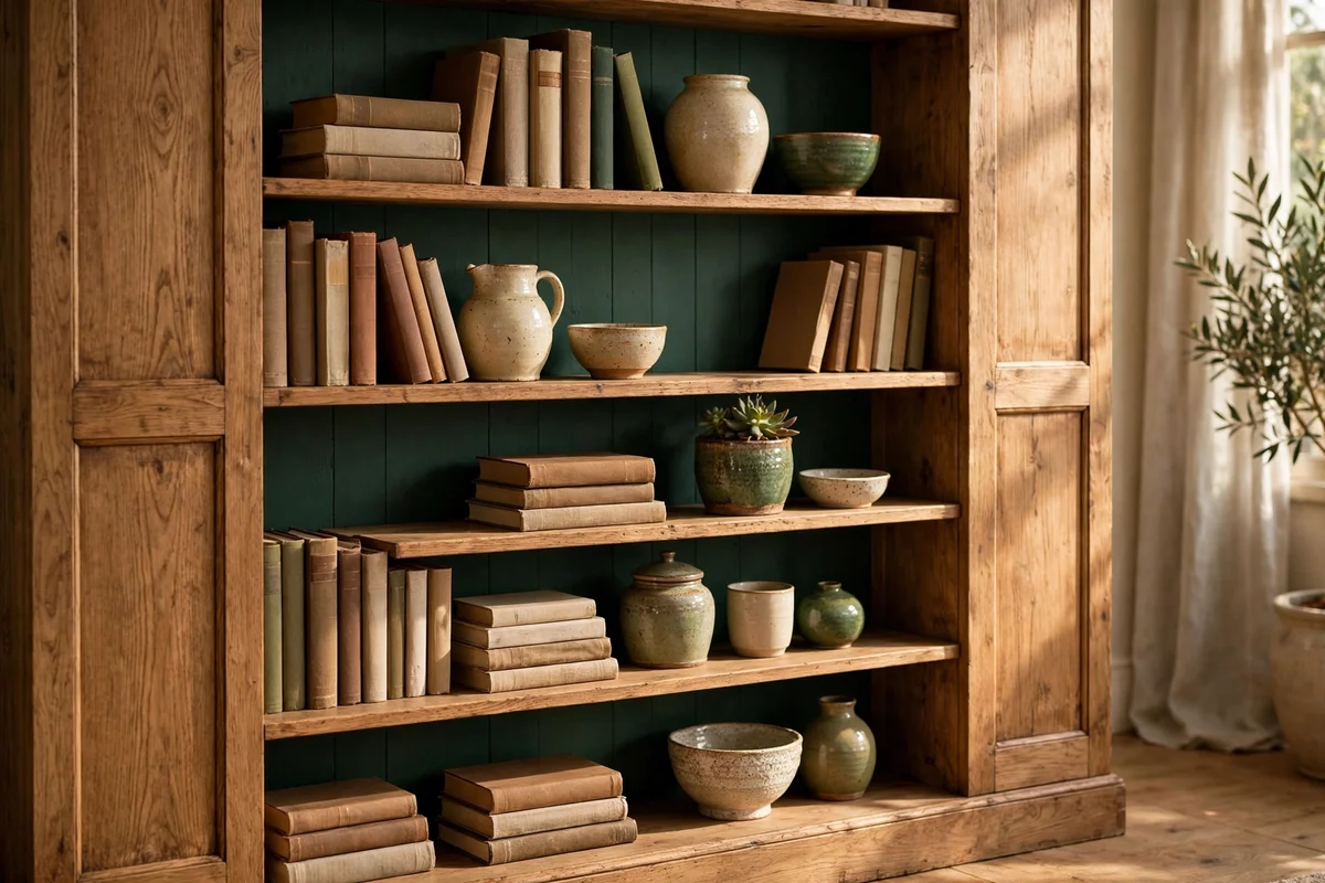 Bookcase with back panel painted deep green behind books