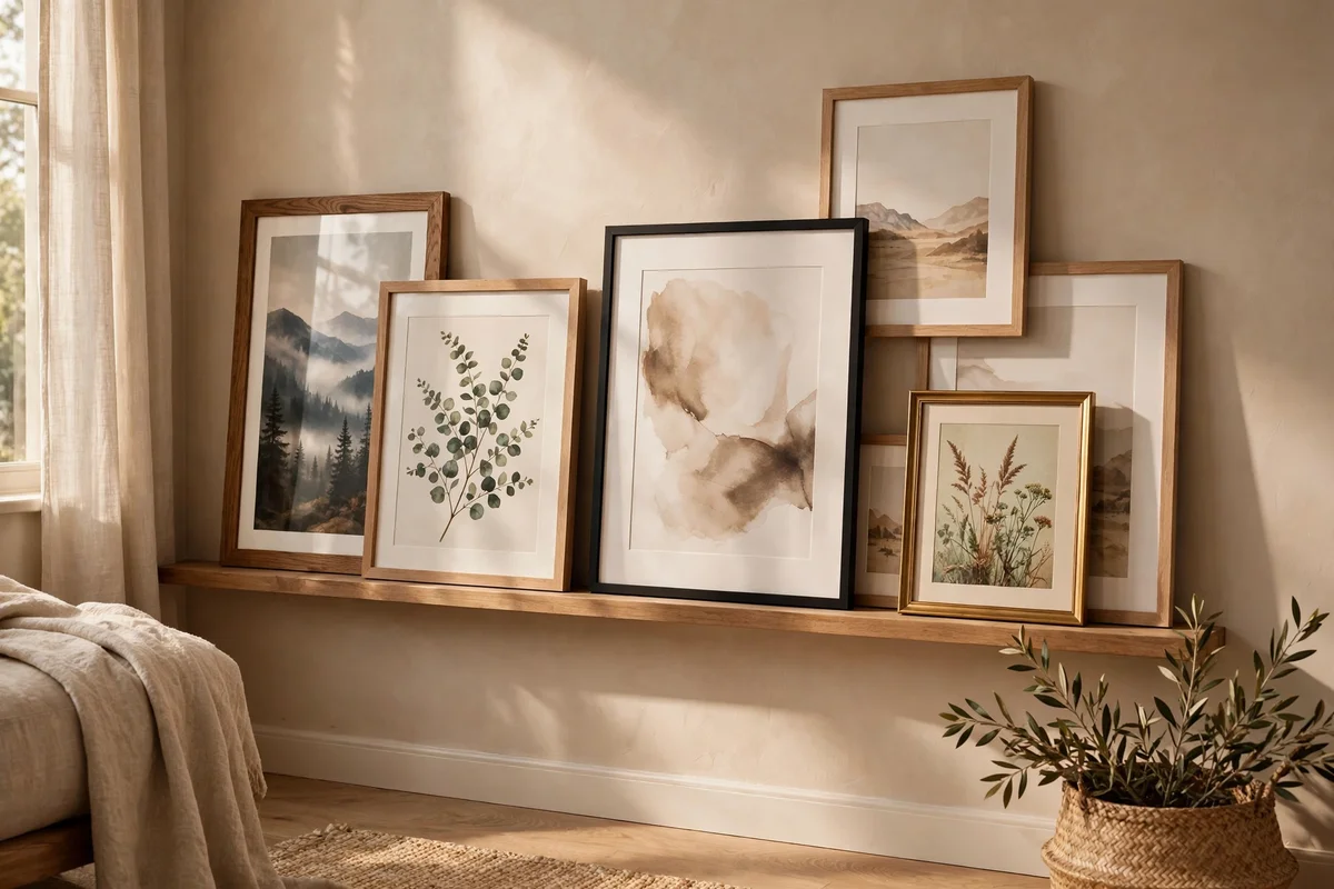 Picture ledge with overlapping framed prints on a living room wall