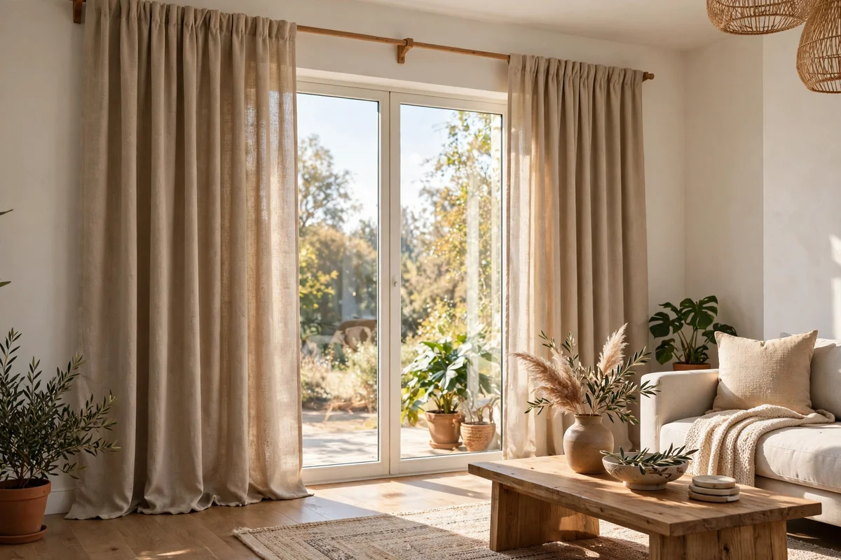 Floor-length curtains with hems just touching the floor